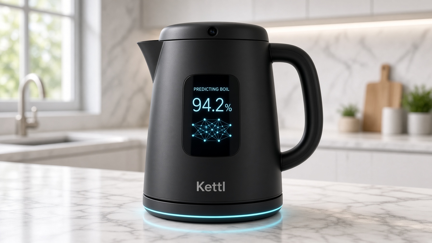 Matte charcoal Kettl kettle on marble, screen reading predicting boil 94.2 percent