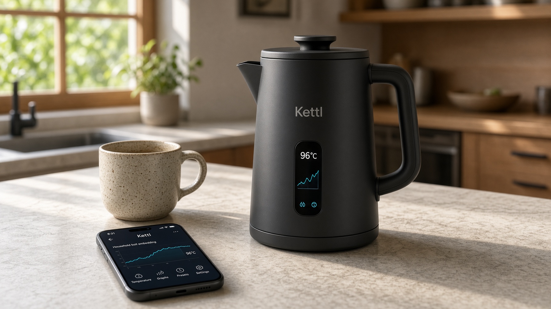 Kettl on a kitchen island beside a mug and the companion app